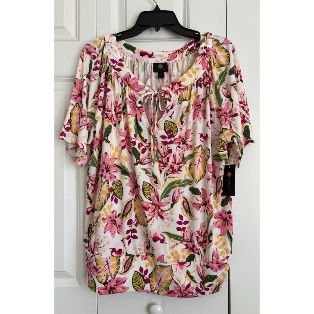 JM COLLECTION WOMENS TOP SPLIT-NECK PULLON PLUS SIZE 2X/3X BANDED BOTTOM